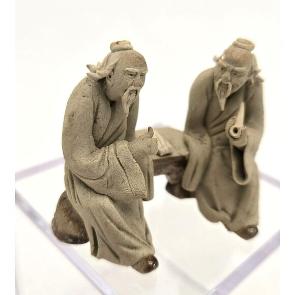 Vintage Chinese Mudman Figurine Pair Sitting on Bench Smoking Pipe je155 - Picture 8 of 12